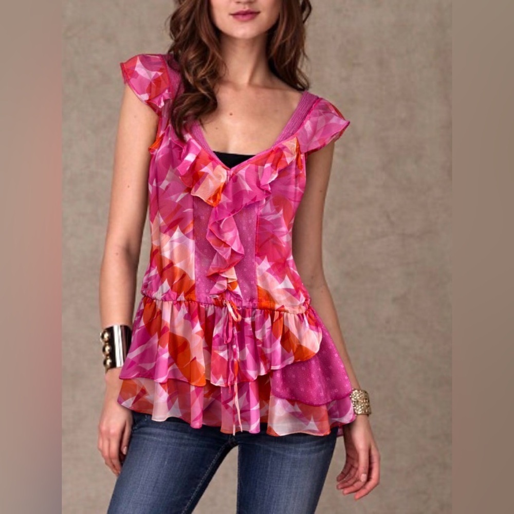 Free People Y2K Pink Watermelon Drop Waist Kaleidoscope V Neck Ruffle Blouse